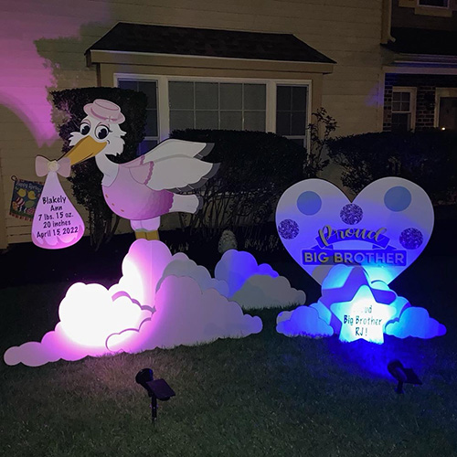 Stork lit up in pink Stork and sibling sign lit up in pink and blue
